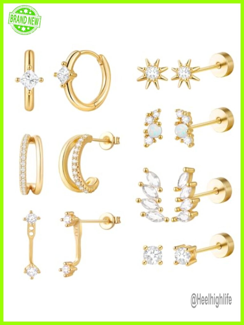 Gold Flat Back Cartilage Stud & Huggie Hoop Earring Set 7 Pairs